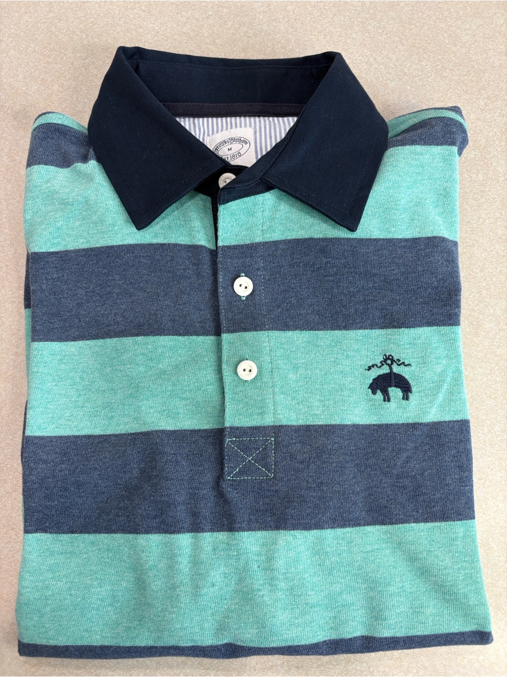 Striped Brooks Brothers Rugby Polo In Mint & Navy With Embroidered Logo